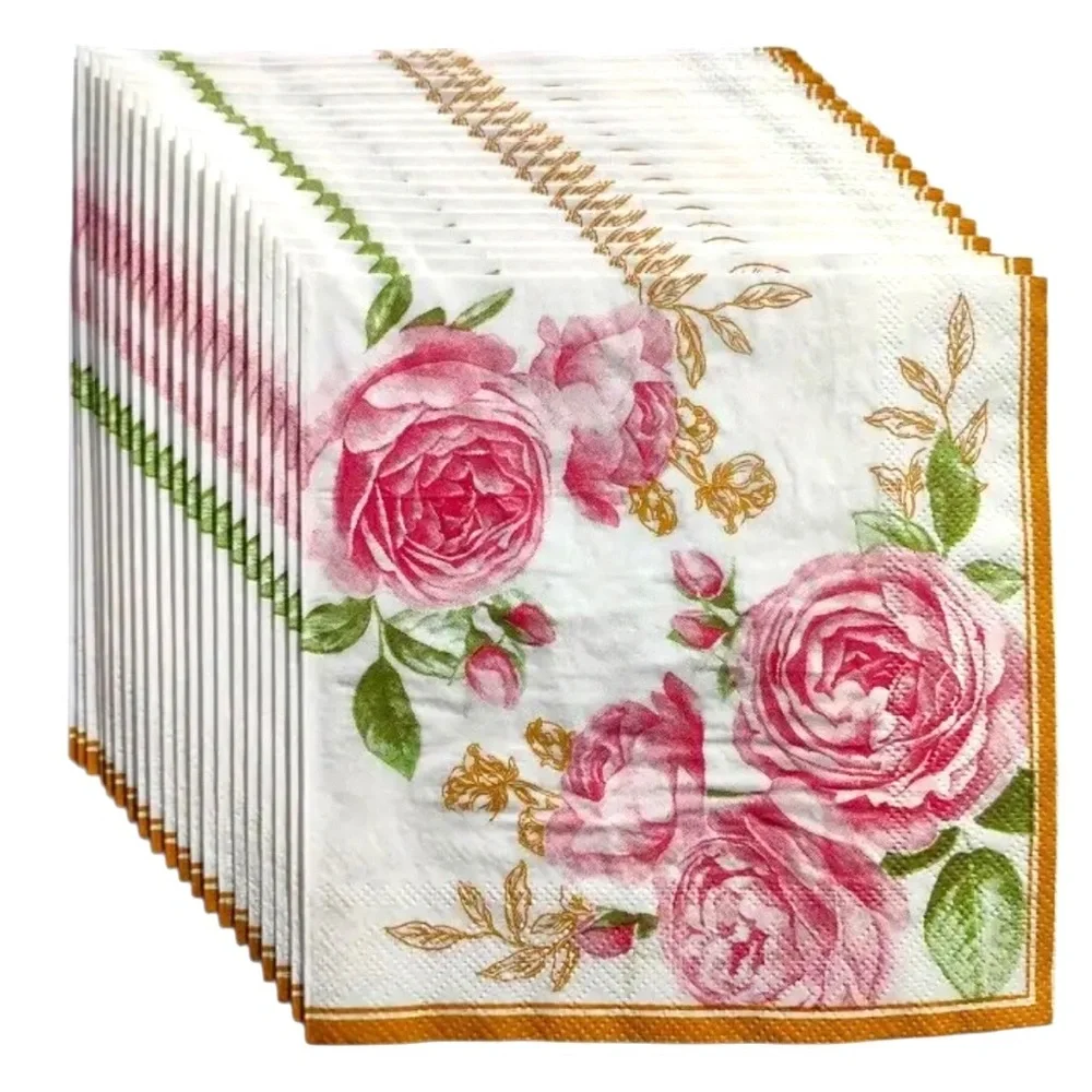 Pink Peony Gold Border Luncheon Paper Napkins, 20-ct